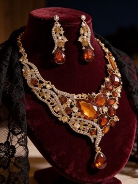 Autumn Luxe Rhinestone Bib Necklace & Teardrop Earrings Set